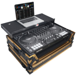 ATA Flight Case for Pioneer DDJ-1000 FLX6 SX3 DJ Controller with 1U Rack Space Laptop Shelf Wheels and LED - Gold Black